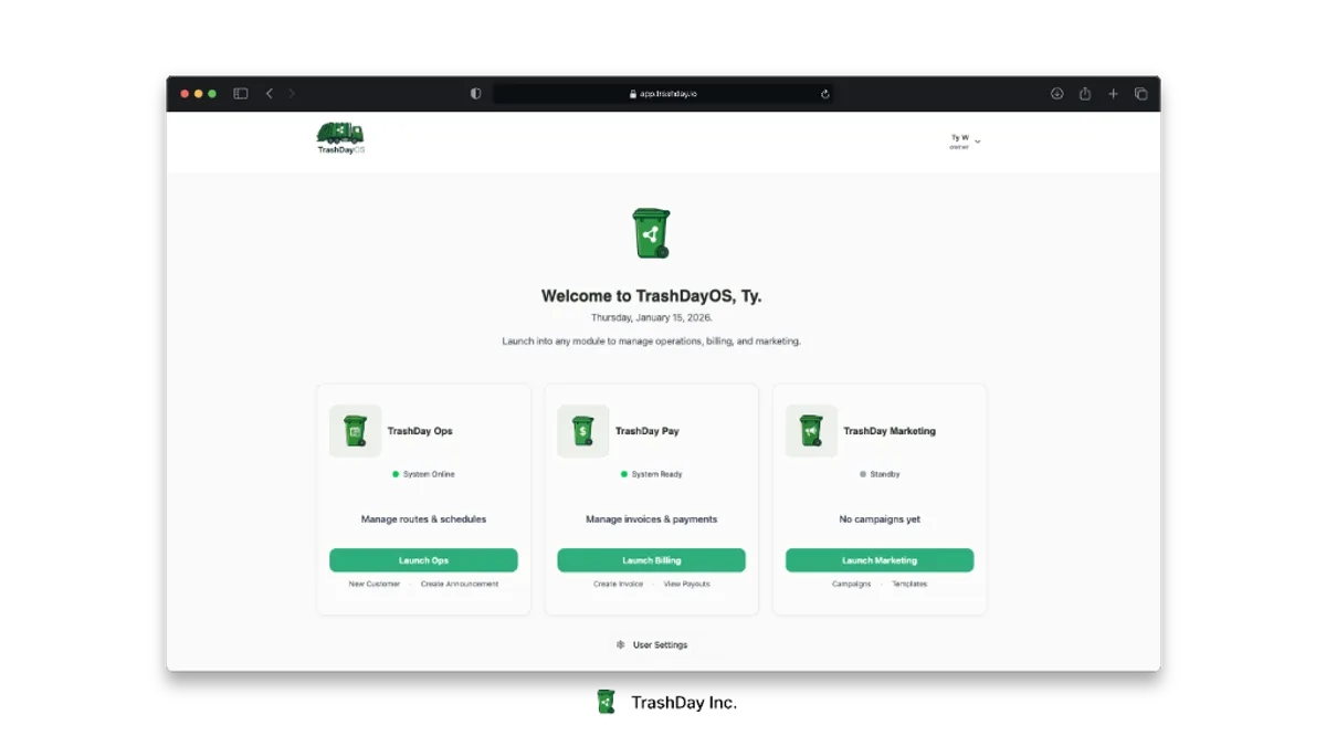 TrashDayOS Dashboard Interface